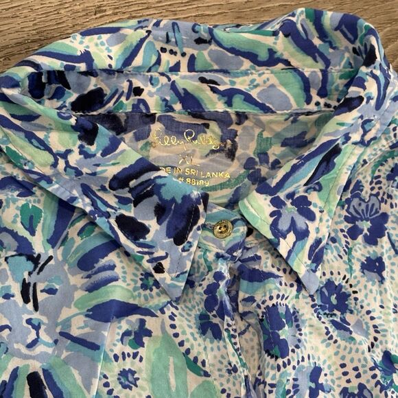 Lilly Pulitzer Top Blouse Womens XL Blue Floral Long Sleeve Flowy Rayon Colorful - Picture 3 of 5